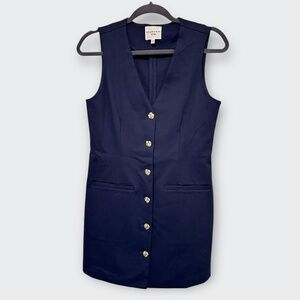 New WILLOW & WIND Navy Blue V-Neck Mini Vest Dress S Gold Buttons Preppy Classic